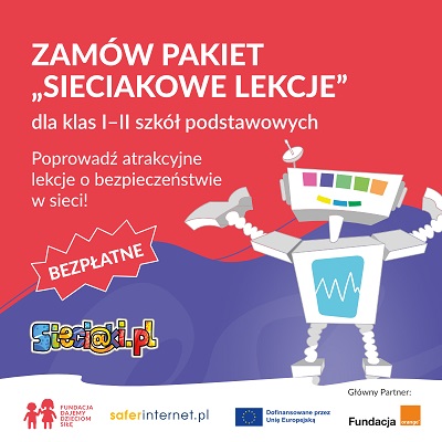 czerwono-niebieska grafika z robotem Neciem i kolorowym logo Sieciaki.pl