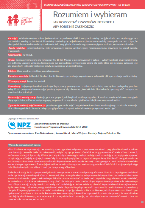 Szaro-malinowa pierwsza strona scenariusza ze szczegółowym opisem głównych założeń zajęć.