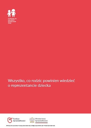 Malinowa okładka broszury. W górnym lewym rogu logo fundacji,  na dole tytuł i autorka - Justyna Podlewska